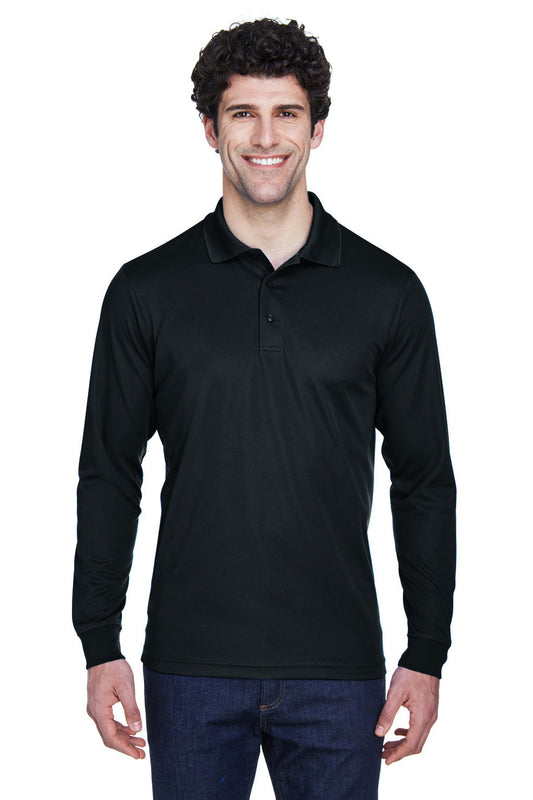 Core 365 Mens Pinnacle Performance Moisture Wicking Long Sleeve Polo Shirt - Black