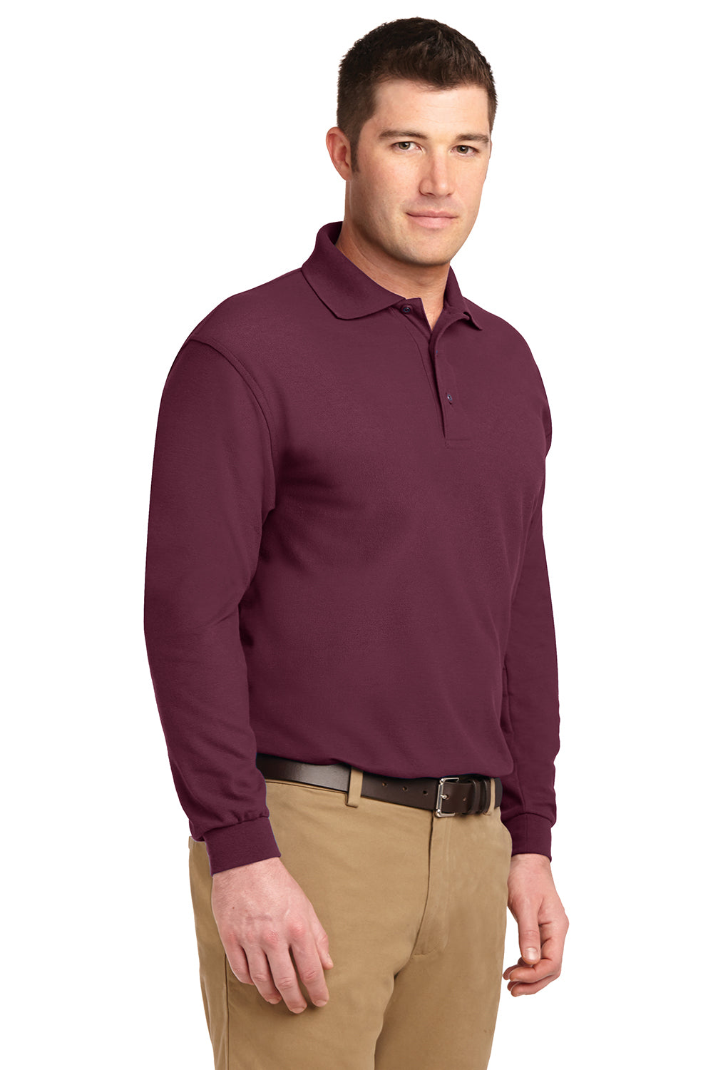 Mens Silk Touch Wrinkle Resistant Long Sleeve Polo Shirt - Burgundy