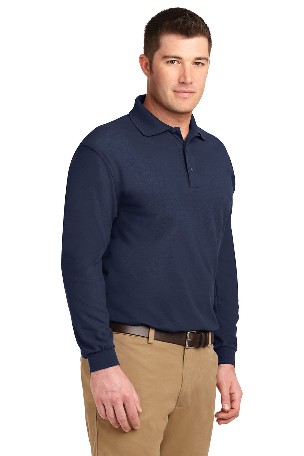 Mens Silk Touch Wrinkle Resistant Long Sleeve Polo Shirt - Navy Blue