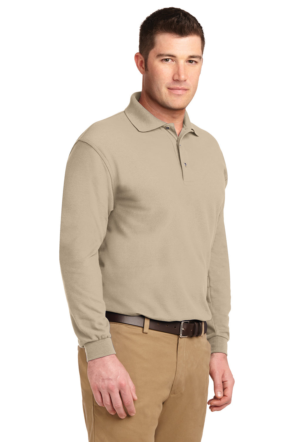 Mens Silk Touch Wrinkle Resistant Long Sleeve Polo Shirt - Stone - Closeout