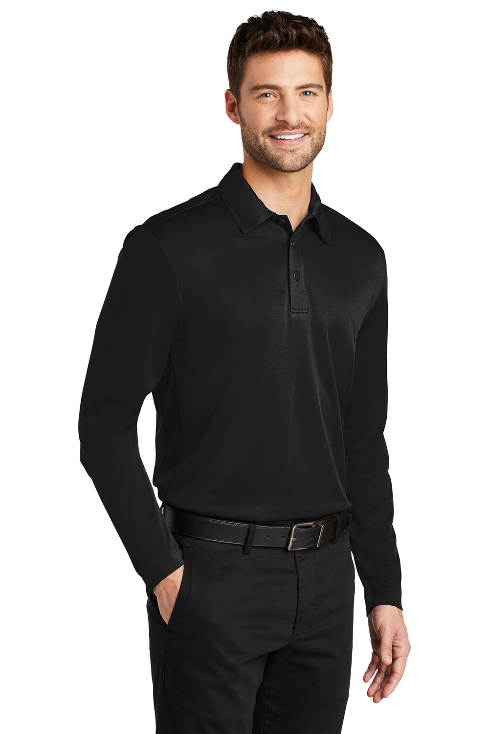 Mens Silk Touch Performance Moisture Wicking Long Sleeve Polo Shirt - Black