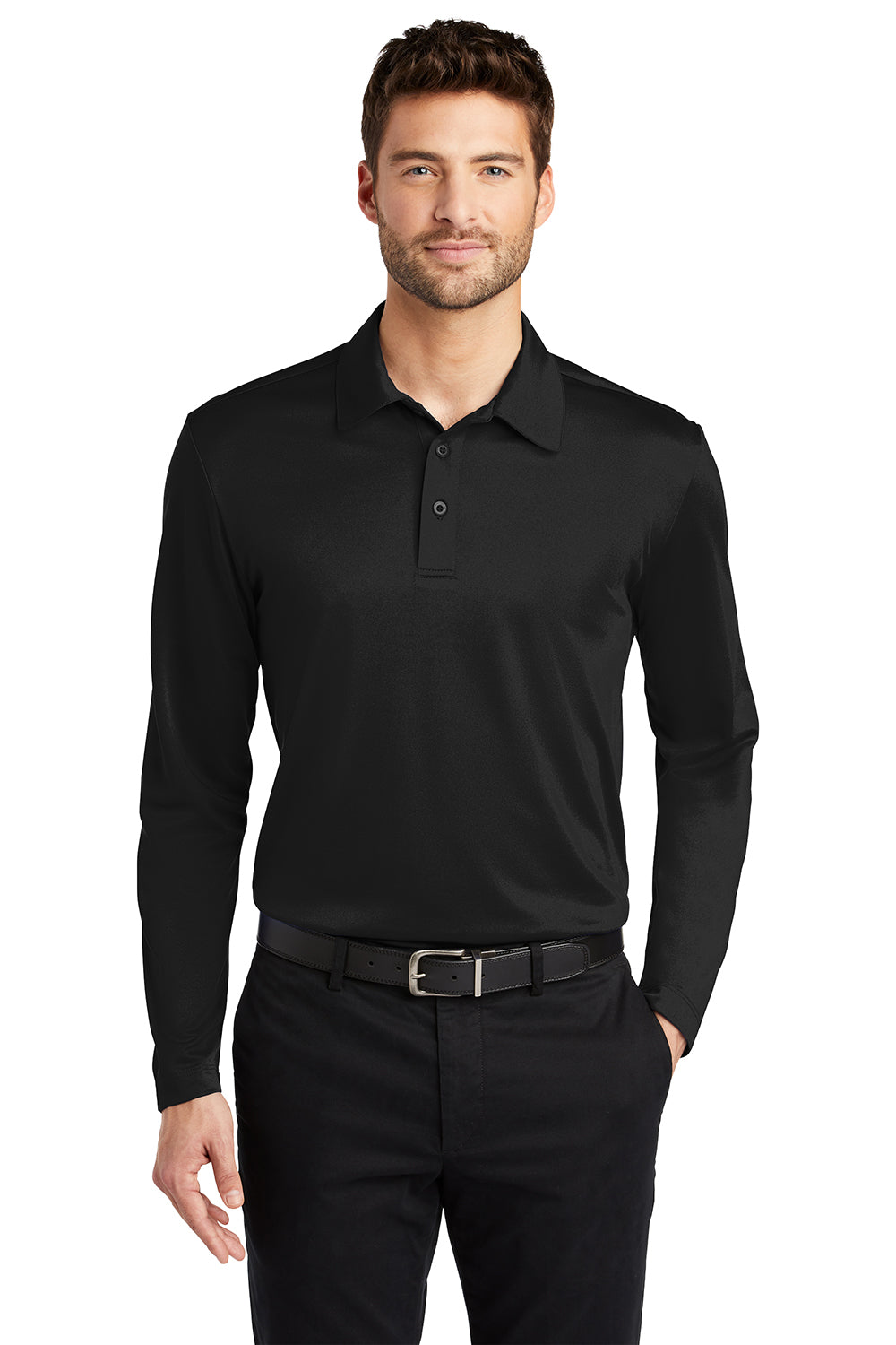 Mens Silk Touch Performance Moisture Wicking Long Sleeve Polo Shirt - Black