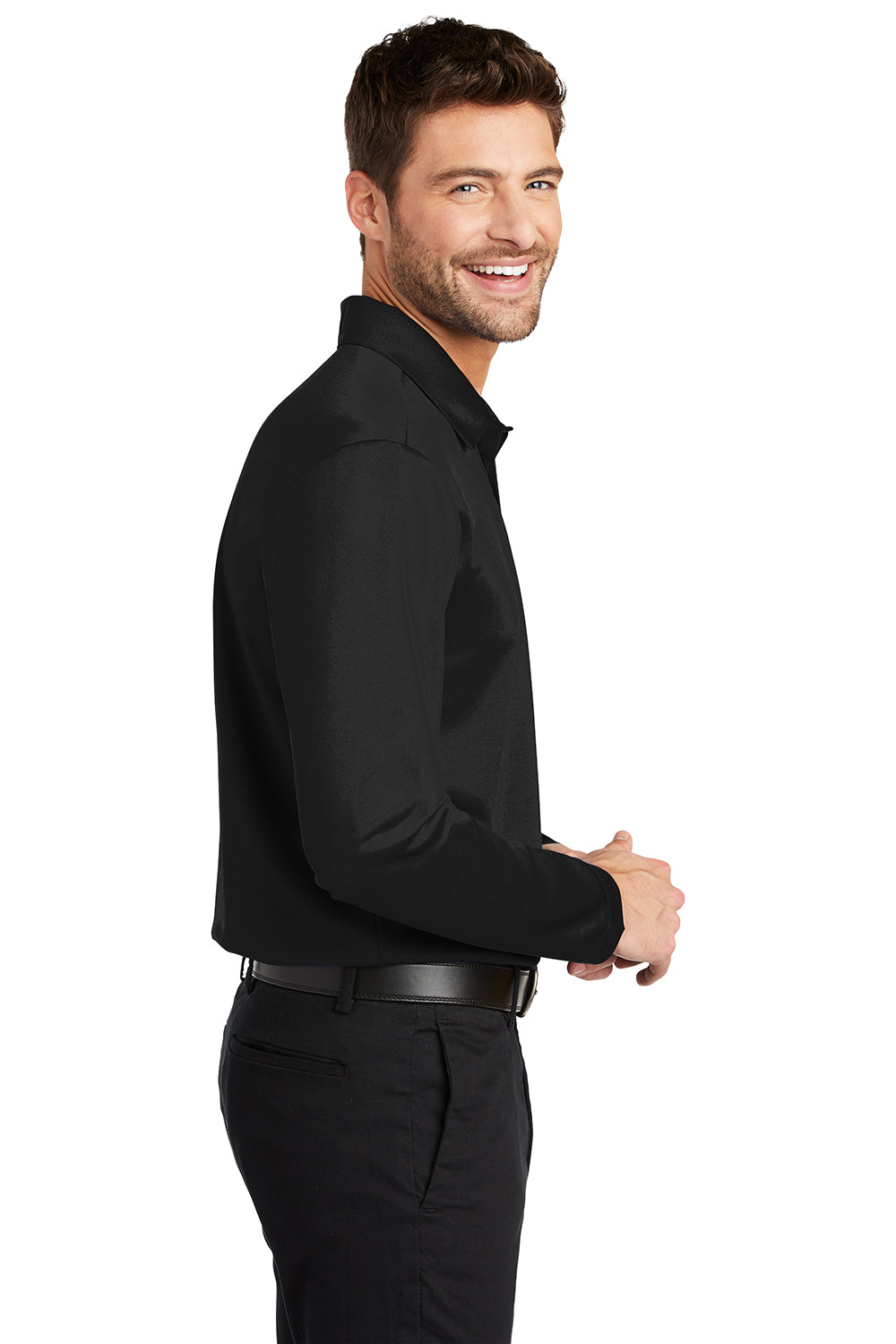 Mens Silk Touch Performance Moisture Wicking Long Sleeve Polo Shirt - Black