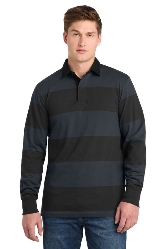 Sport-Tek Mens Classic Rugby Long Sleeve Polo Shirt - Black/Graphite Grey