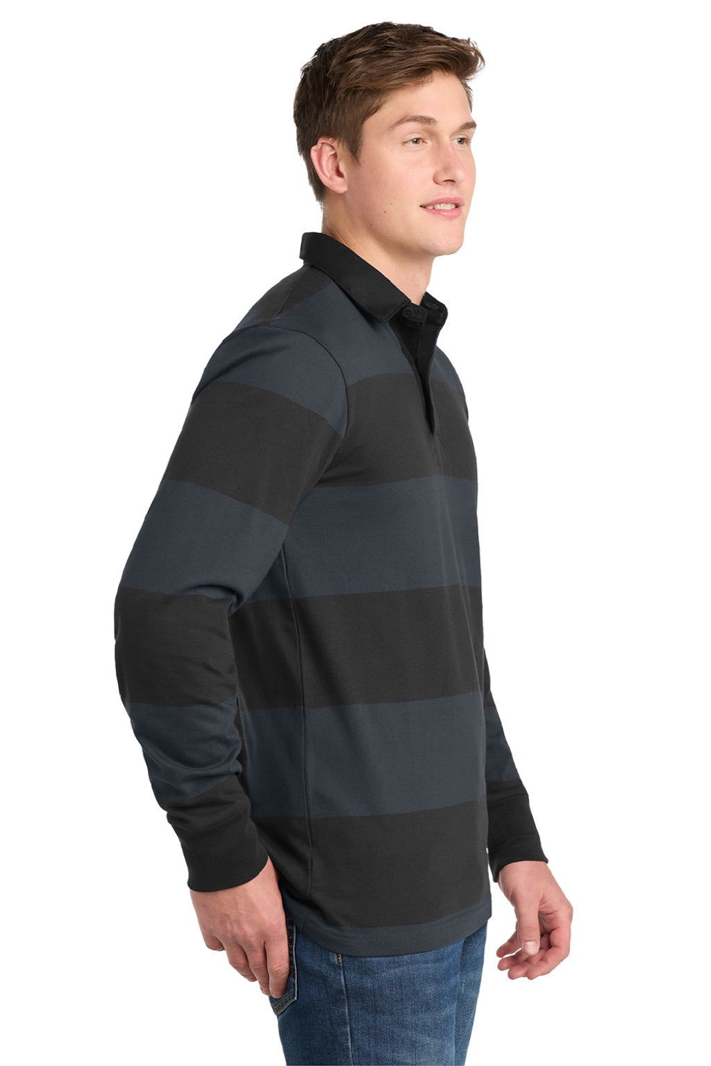 Sport-Tek Mens Classic Rugby Long Sleeve Polo Shirt - Black/Graphite Grey