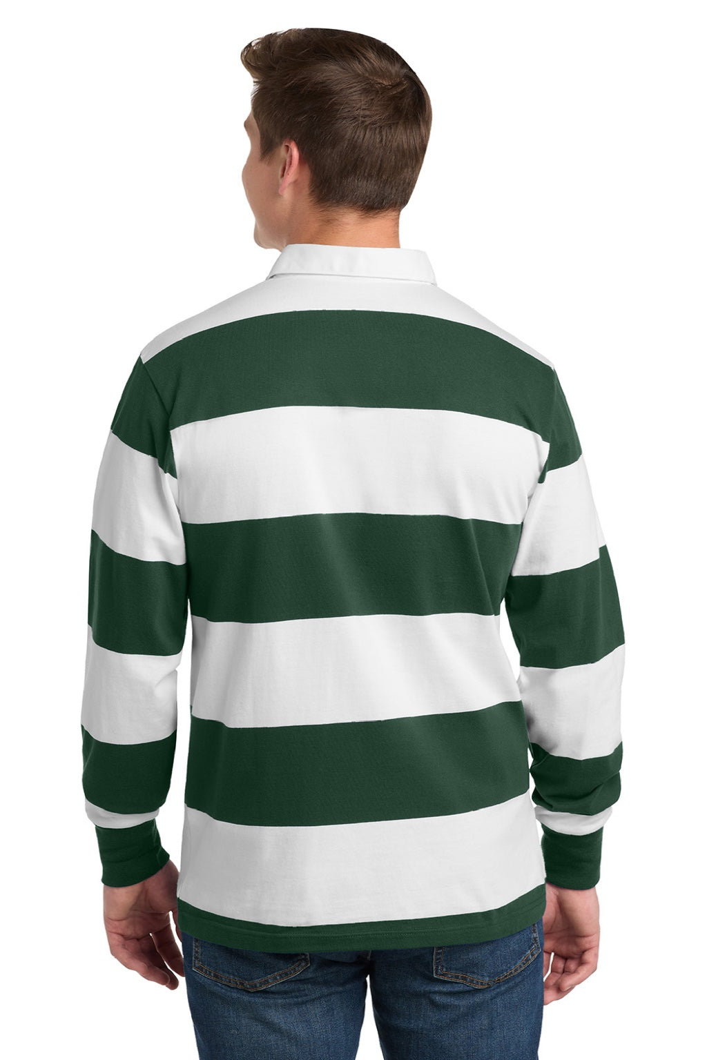 Sport-Tek Mens Classic Rugby Long Sleeve Polo Shirt - Forest Green/White