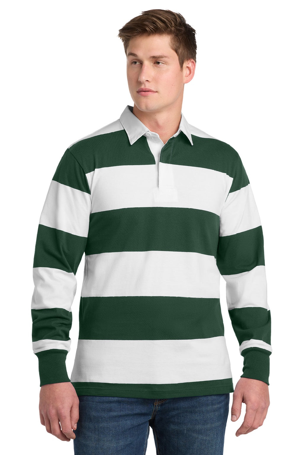 Sport-Tek Mens Classic Rugby Long Sleeve Polo Shirt - Forest Green/White