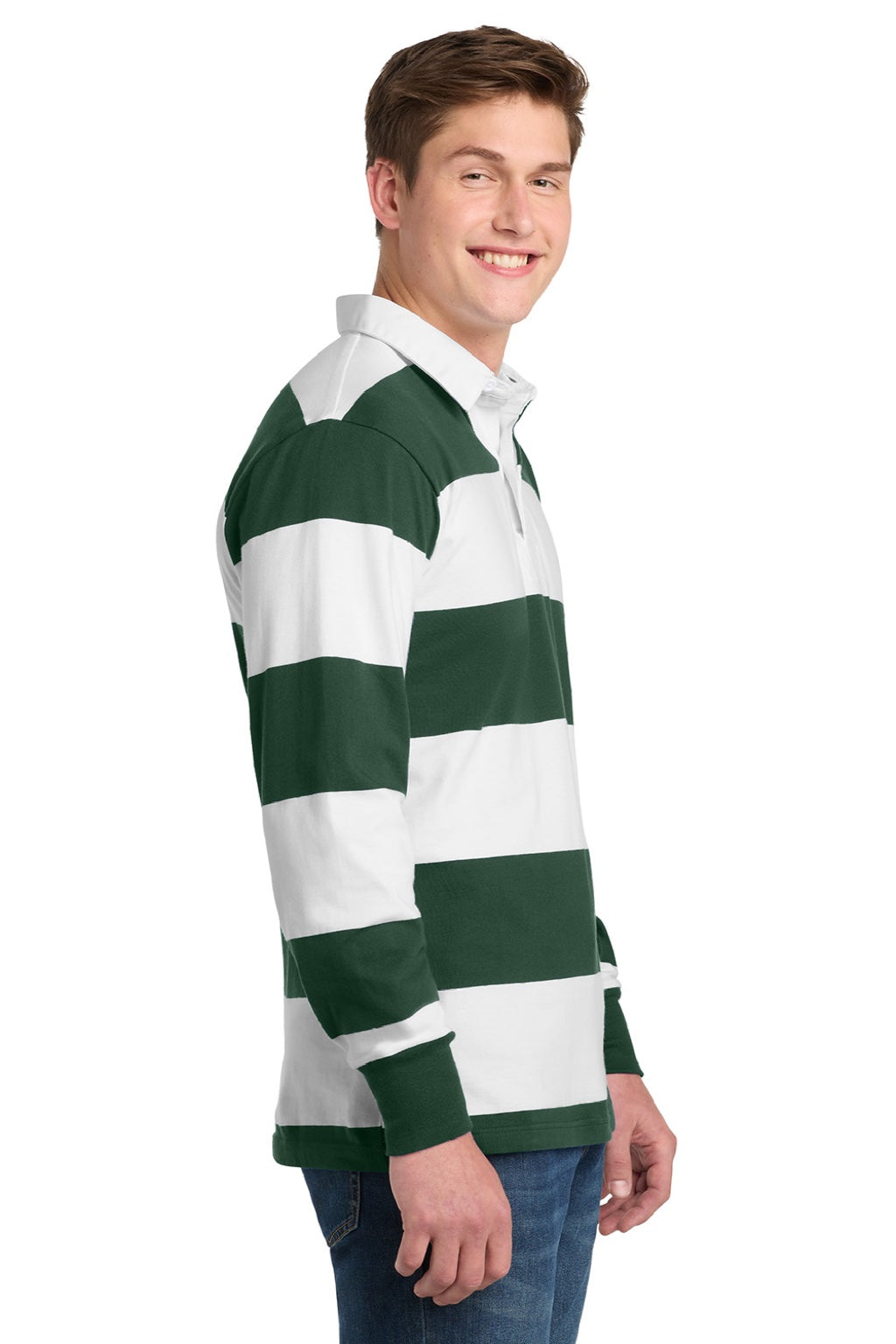 Sport-Tek Mens Classic Rugby Long Sleeve Polo Shirt - Forest Green/White