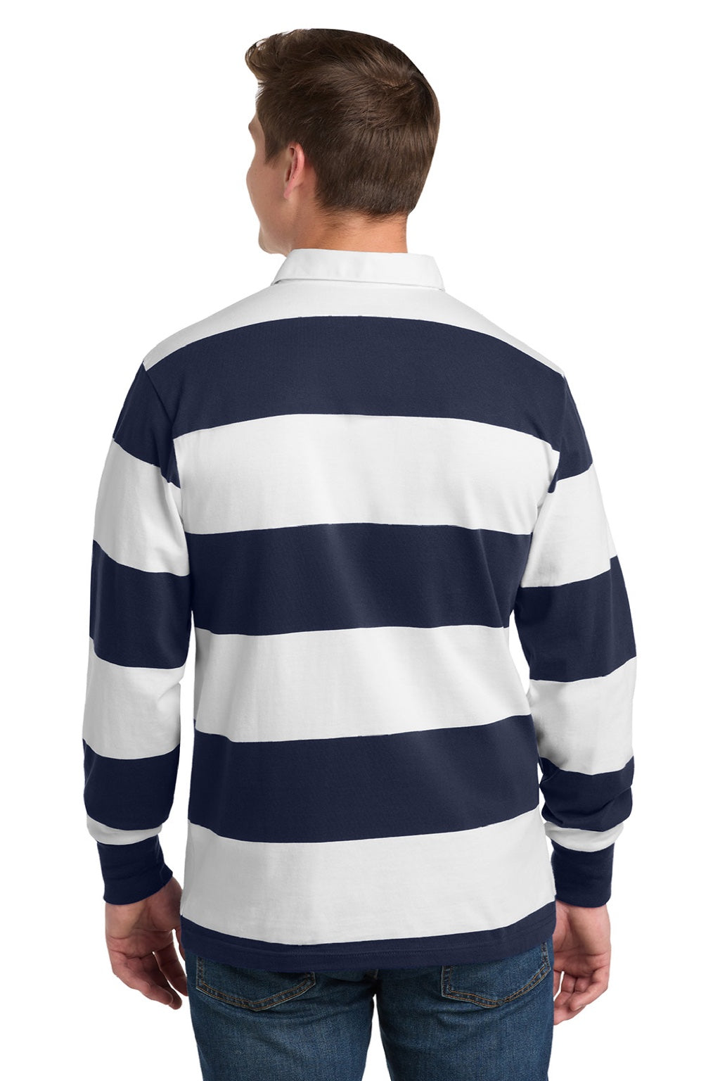Sport-Tek Mens Classic Rugby Long Sleeve Polo Shirt - True Navy Blue/White