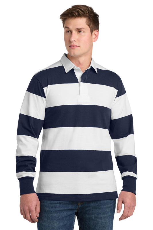 Sport-Tek Mens Classic Rugby Long Sleeve Polo Shirt - True Navy Blue/White