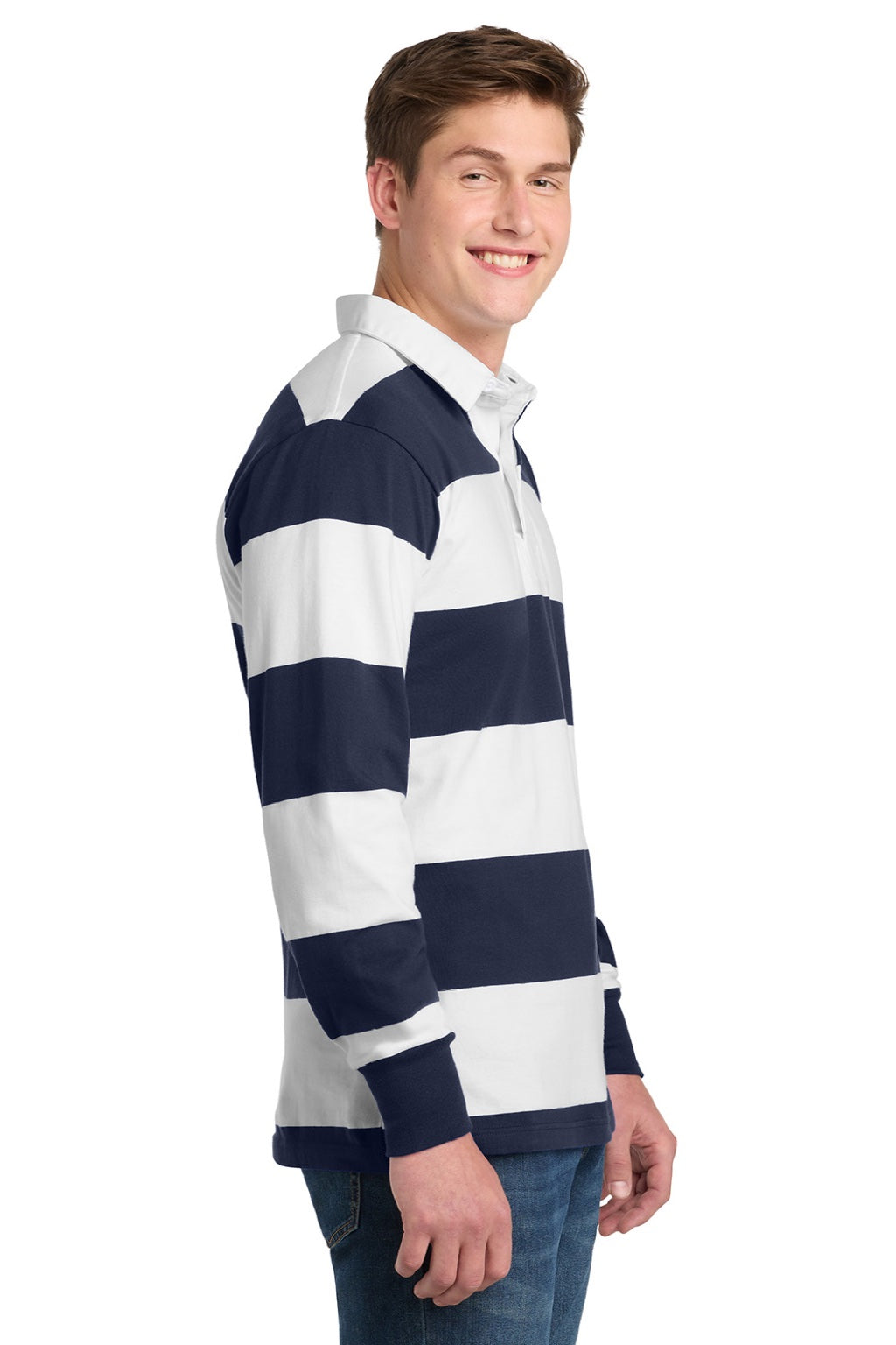 Sport-Tek Mens Classic Rugby Long Sleeve Polo Shirt - True Navy Blue/White