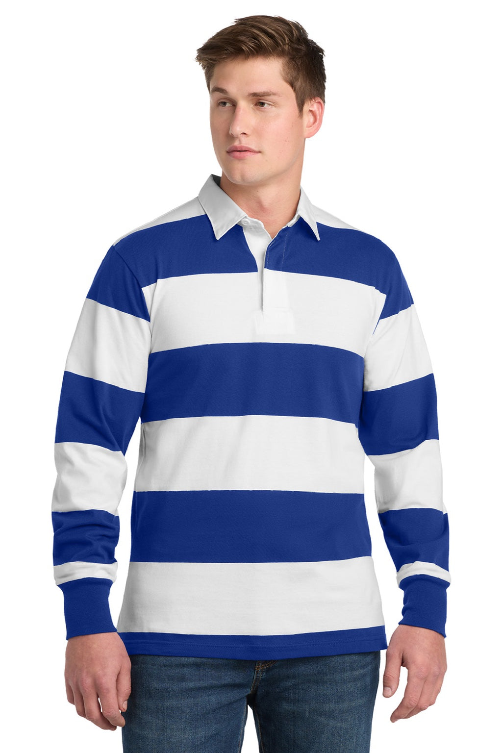 Sport-Tek Mens Classic Rugby Long Sleeve Polo Shirt - True Royal Blue/White
