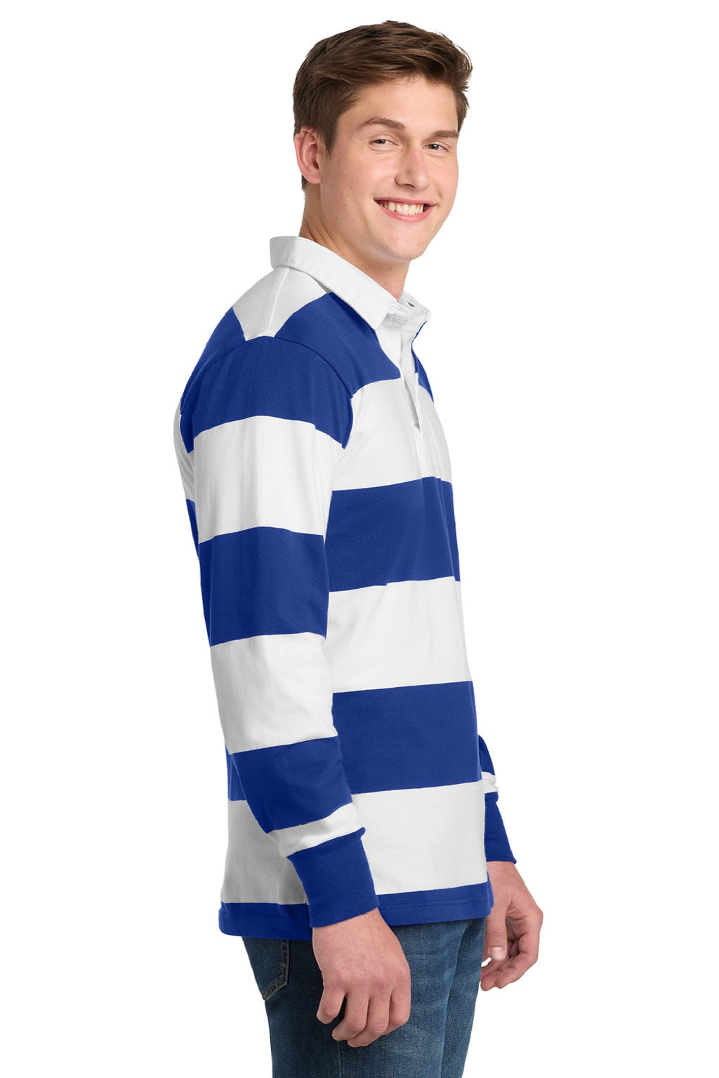 Sport-Tek Mens Classic Rugby Long Sleeve Polo Shirt - True Royal Blue/White