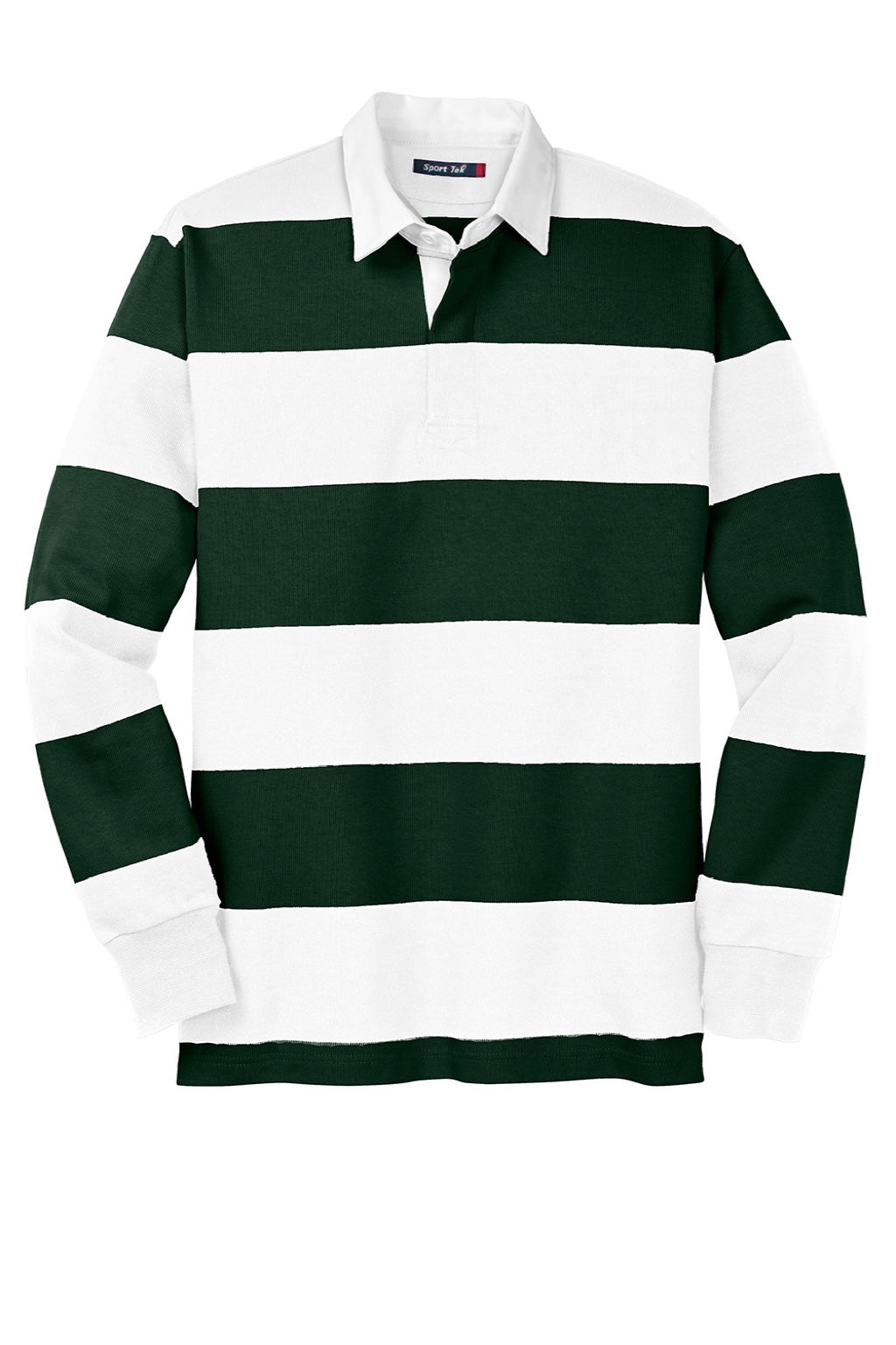Sport-Tek Mens Classic Rugby Long Sleeve Polo Shirt - Forest Green/White
