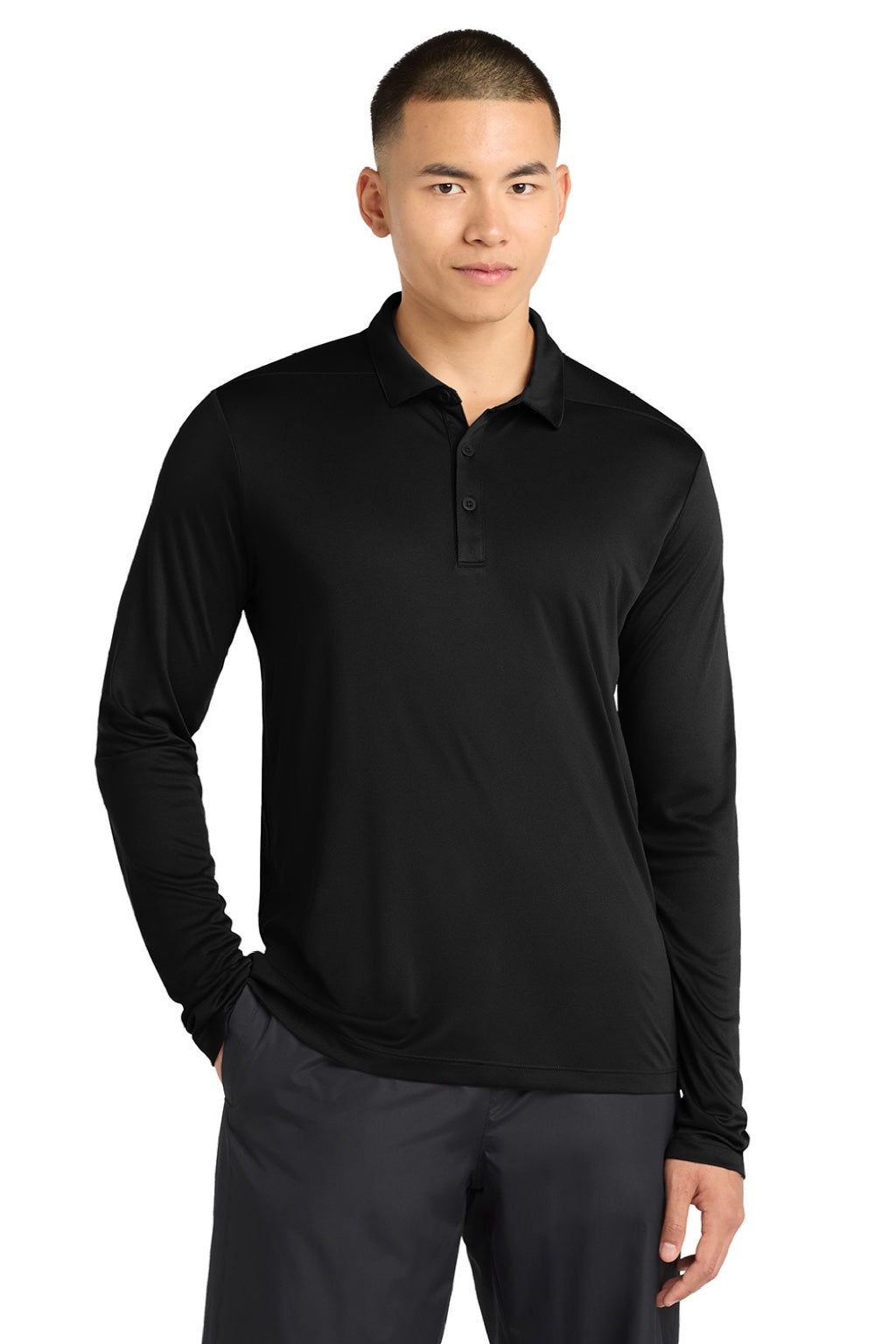 Sport-Tek Mens Moisture Wicking Long Sleeve Polo Shirt - Black