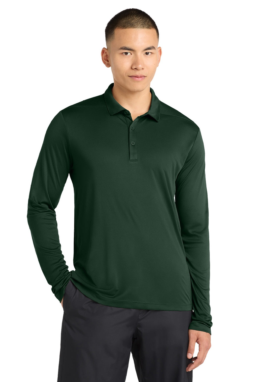 Sport-Tek Mens Moisture Wicking Long Sleeve Polo Shirt - Forest Green