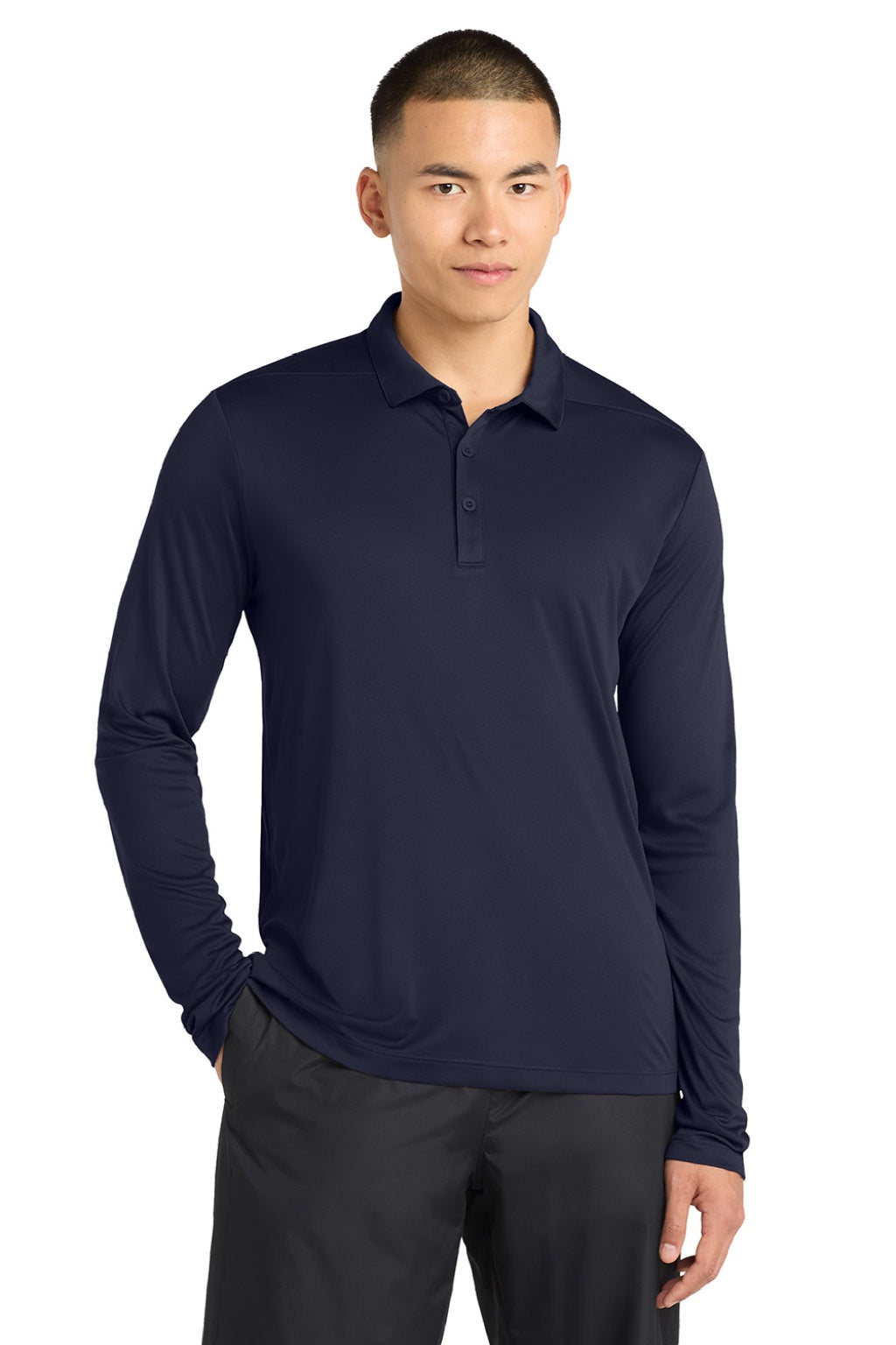 Sport-Tek Mens Moisture Wicking Long Sleeve Polo Shirt - True Navy Blue