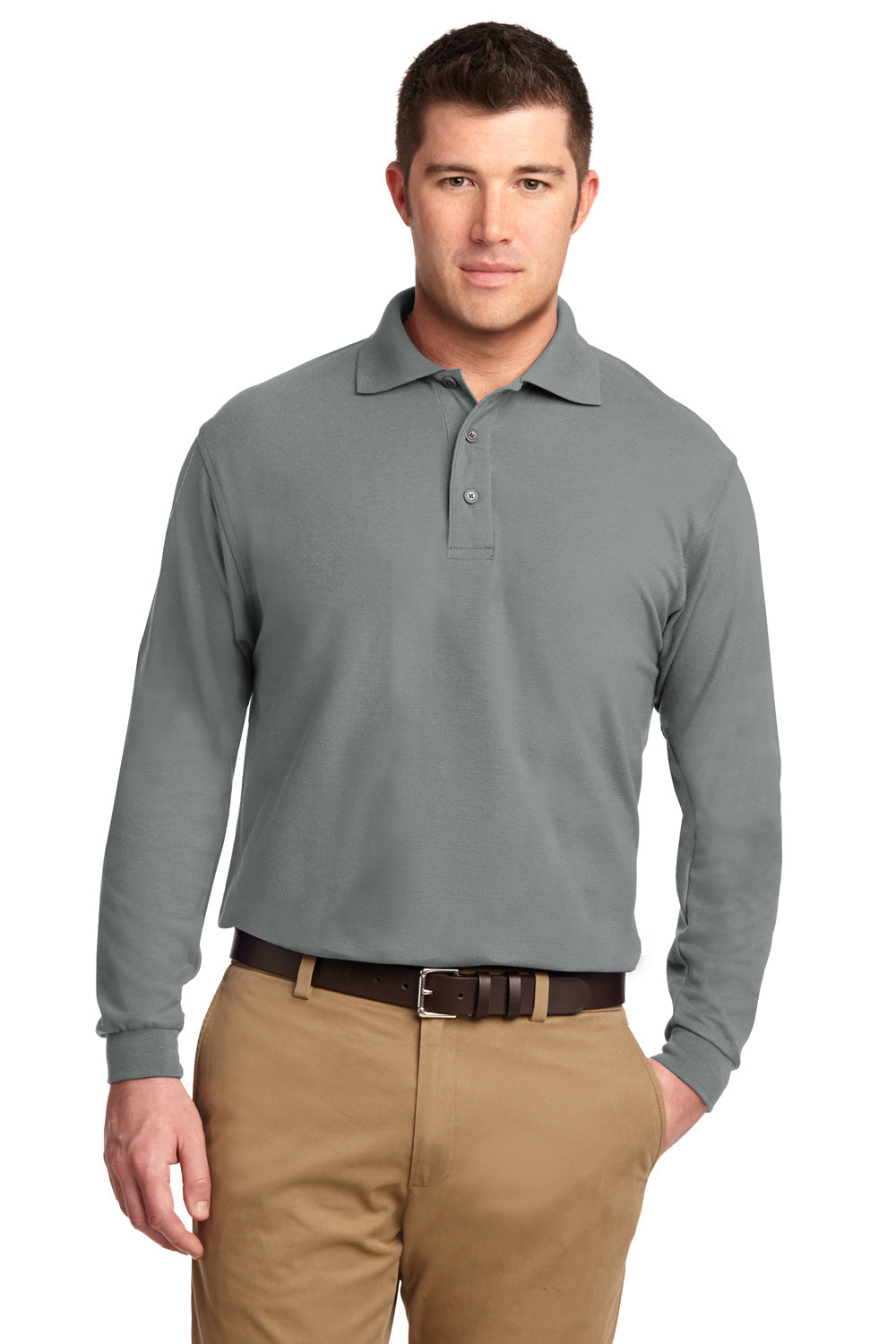 Mens Silk Touch Wrinkle Resistant Long Sleeve Polo Shirt - Cool Grey