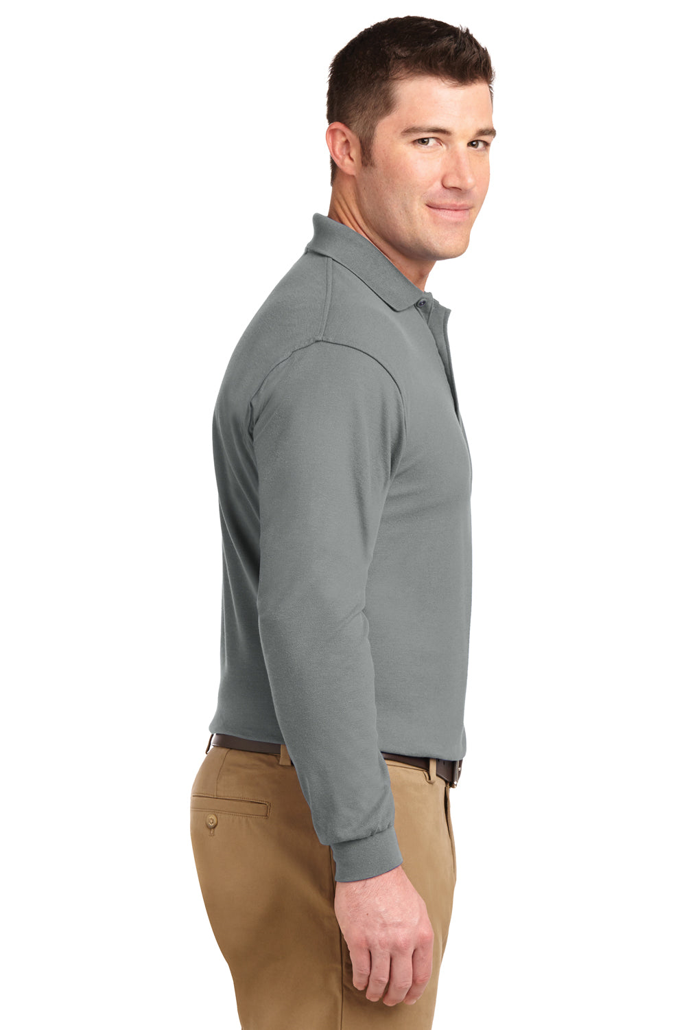 Mens Silk Touch Wrinkle Resistant Long Sleeve Polo Shirt - Cool Grey
