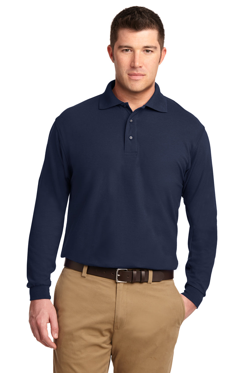 Mens Silk Touch Wrinkle Resistant Long Sleeve Polo Shirt - Navy Blue