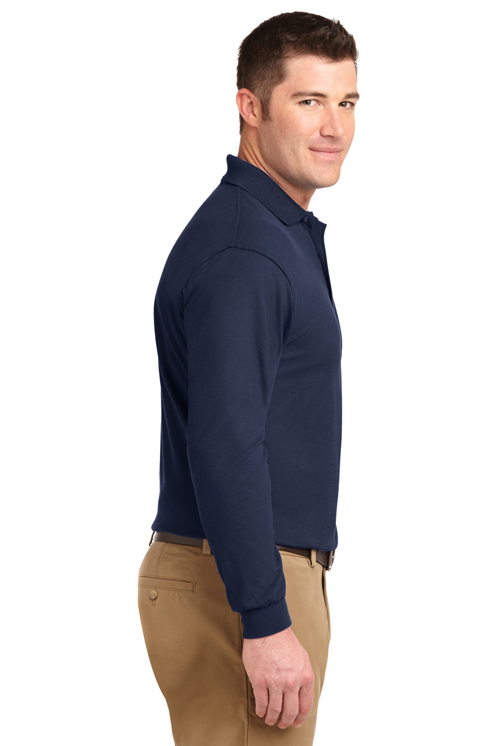 Mens Silk Touch Wrinkle Resistant Long Sleeve Polo Shirt - Navy Blue