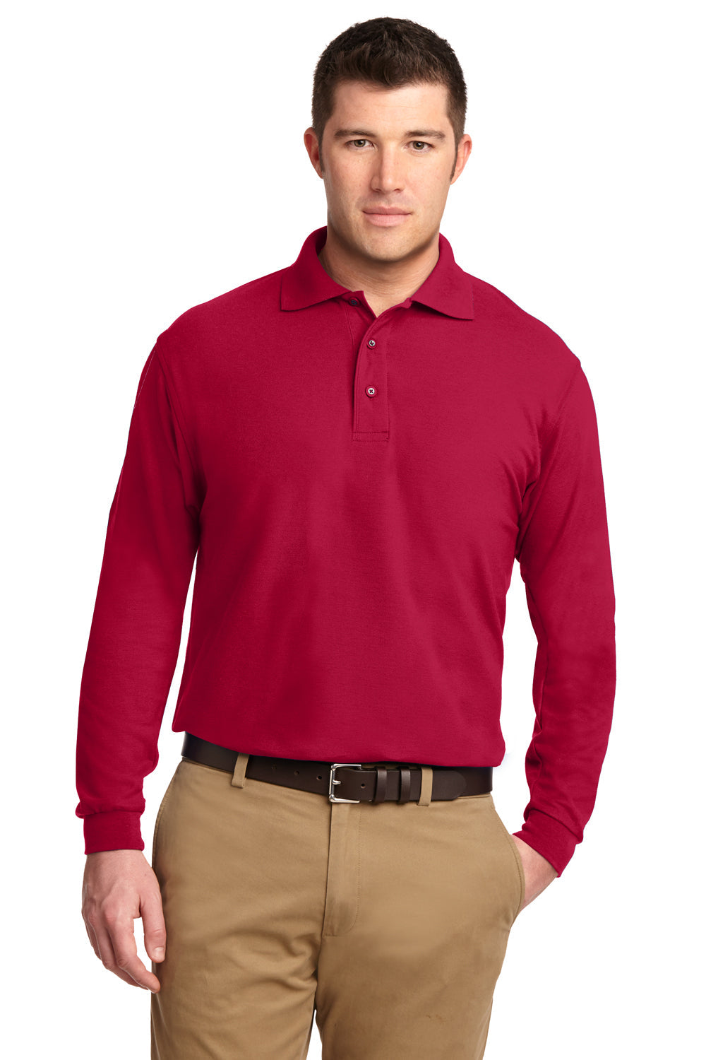 Mens Silk Touch Wrinkle Resistant Long Sleeve Polo Shirt - Red
