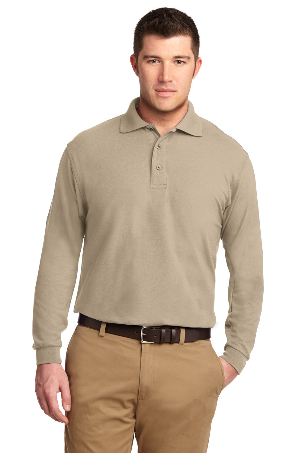Mens Silk Touch Wrinkle Resistant Long Sleeve Polo Shirt - Stone - Closeout