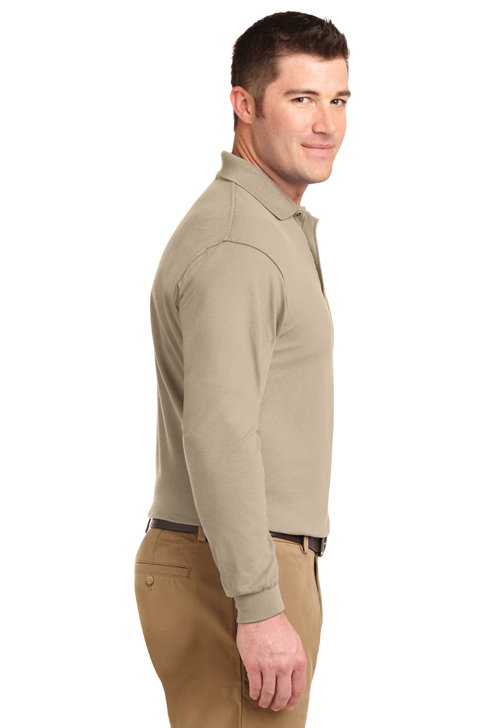Mens Silk Touch Wrinkle Resistant Long Sleeve Polo Shirt - Stone - Closeout