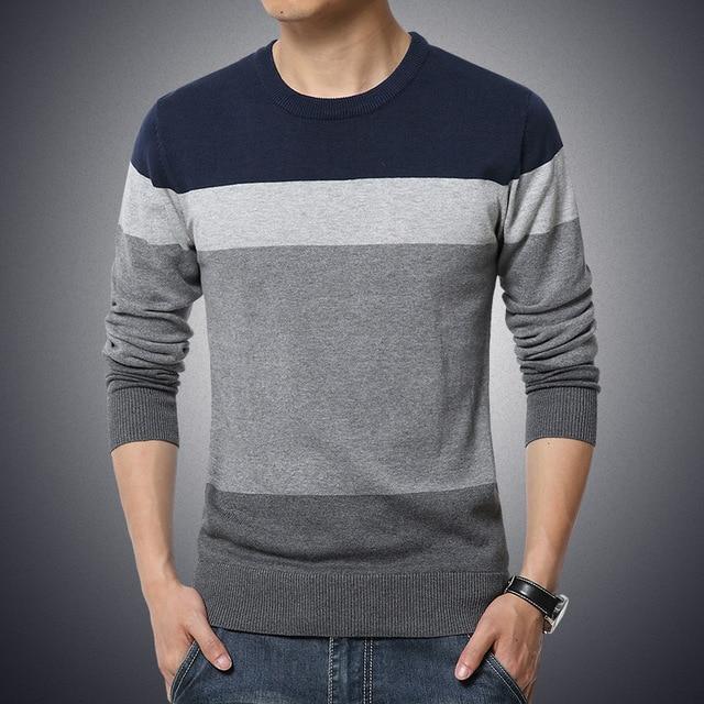 Autumn Casual Men's Sweater O-Neck Striped Slim Fit Knittwear Mens