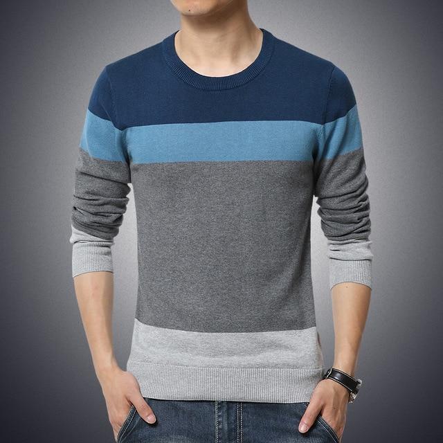 Autumn Casual Men's Sweater O-Neck Striped Slim Fit Knittwear Mens